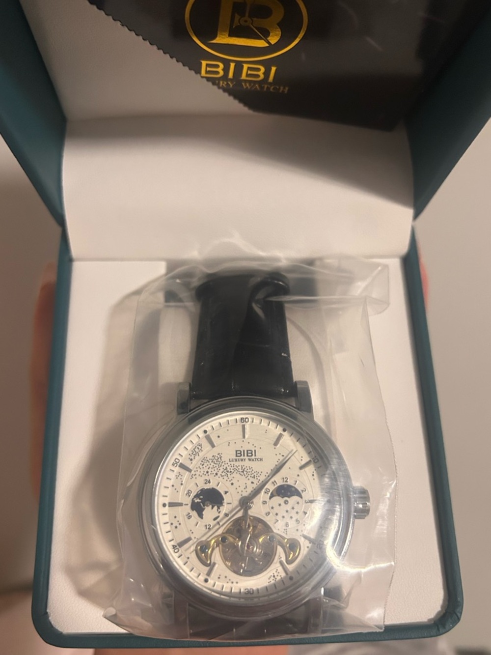 BiBi White Dial Mechanical Watch with Black leather Strap - Picture 6 of 7